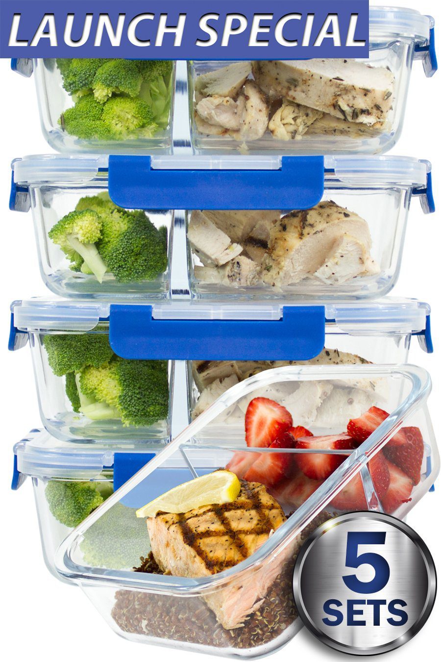 LARGER PREMIUM 2 Compartment Glass Meal Prep Containers with Lifetime Lasting Snap Locking Lids 